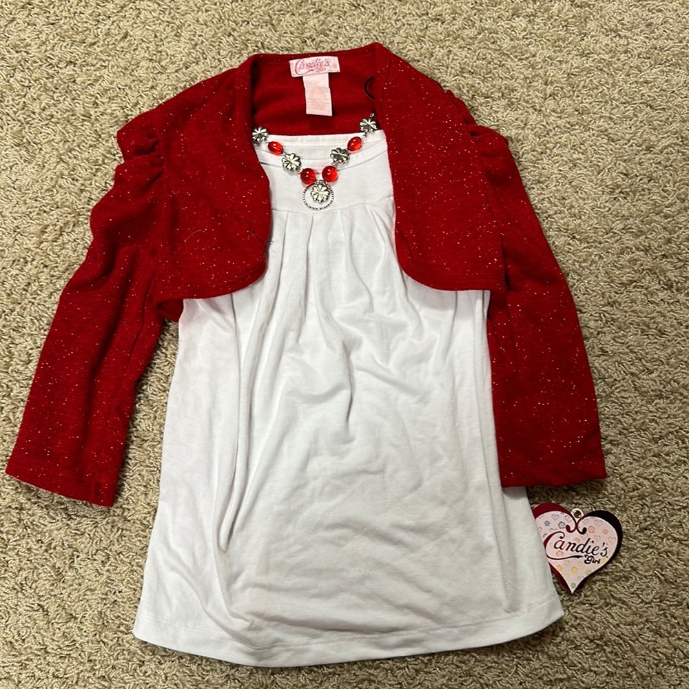 NWT Girls white tank top and glittery red shrug set with charm necklace | size L